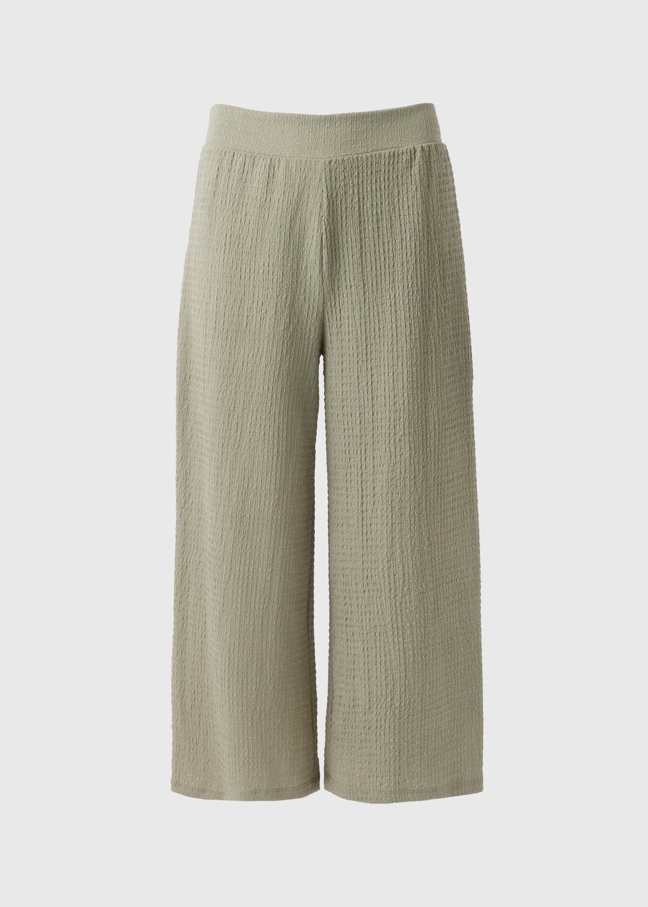 Khaki Textured Cropped Trousers