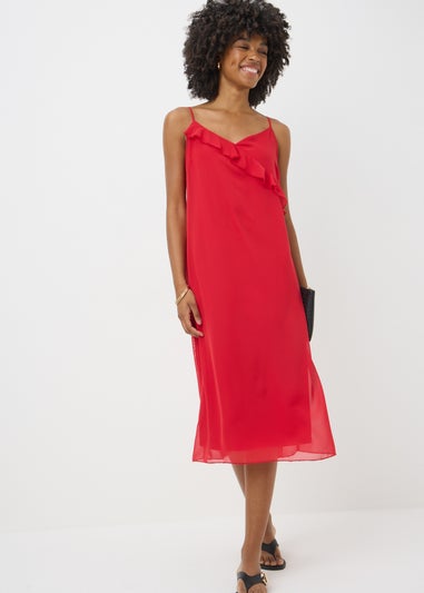 Red Frill Strappy Midi Dress
