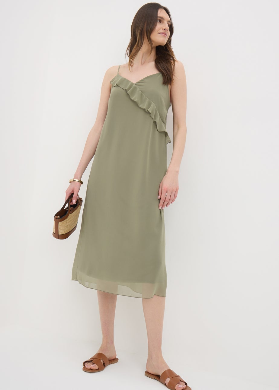 Khaki Frill Strappy Midi Dress