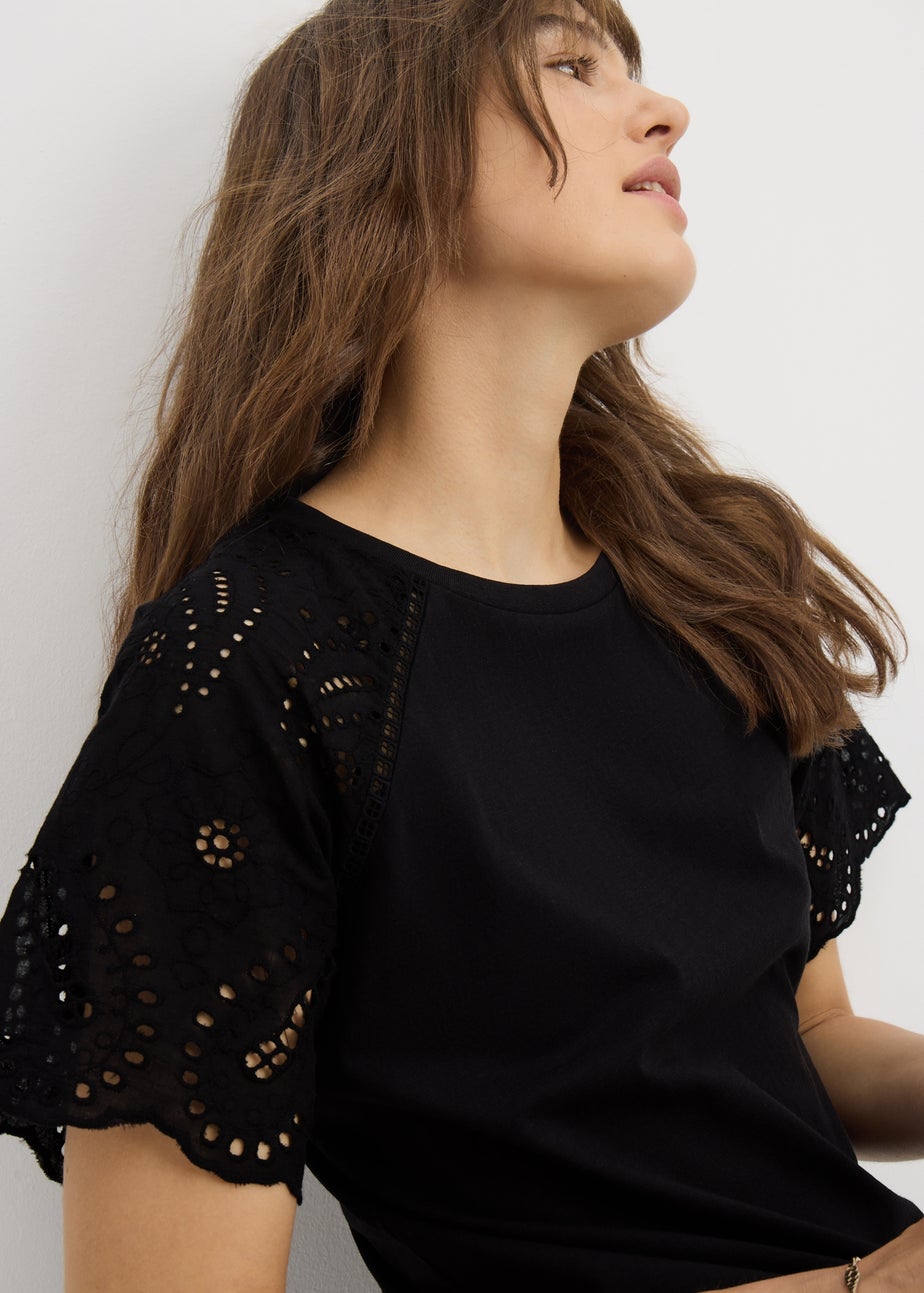 Black Broderie Raglan Sleeve T-Shirt