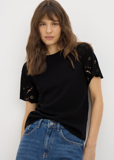 Black Broderie Raglan Sleeve T-Shirt