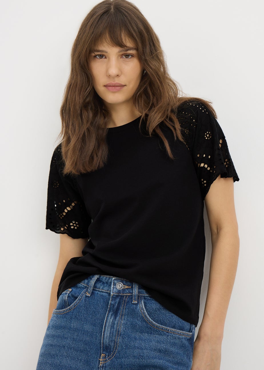Black Broderie Raglan Sleeve T-Shirt