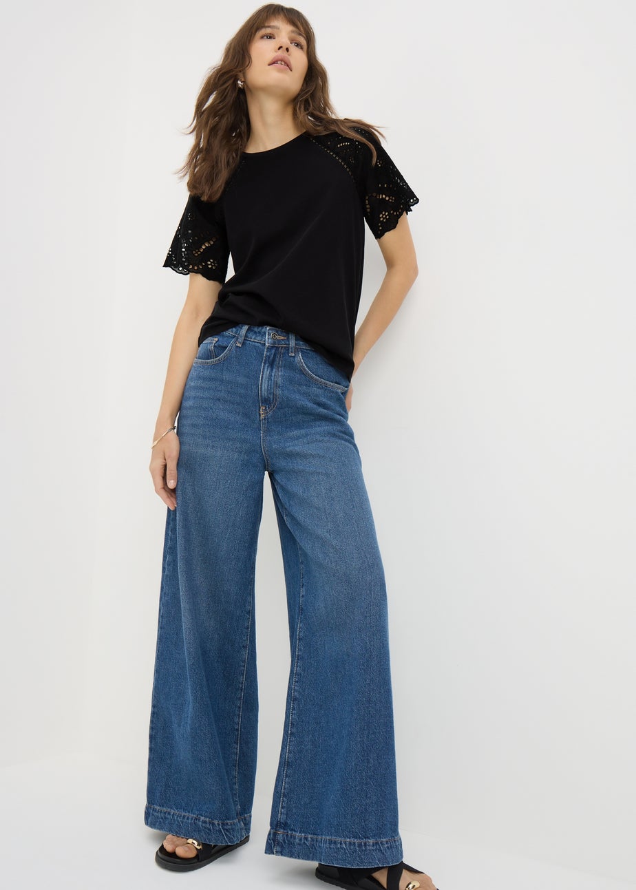 Black Broderie Raglan Sleeve T-Shirt