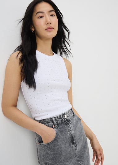 White Diamante Vest Top