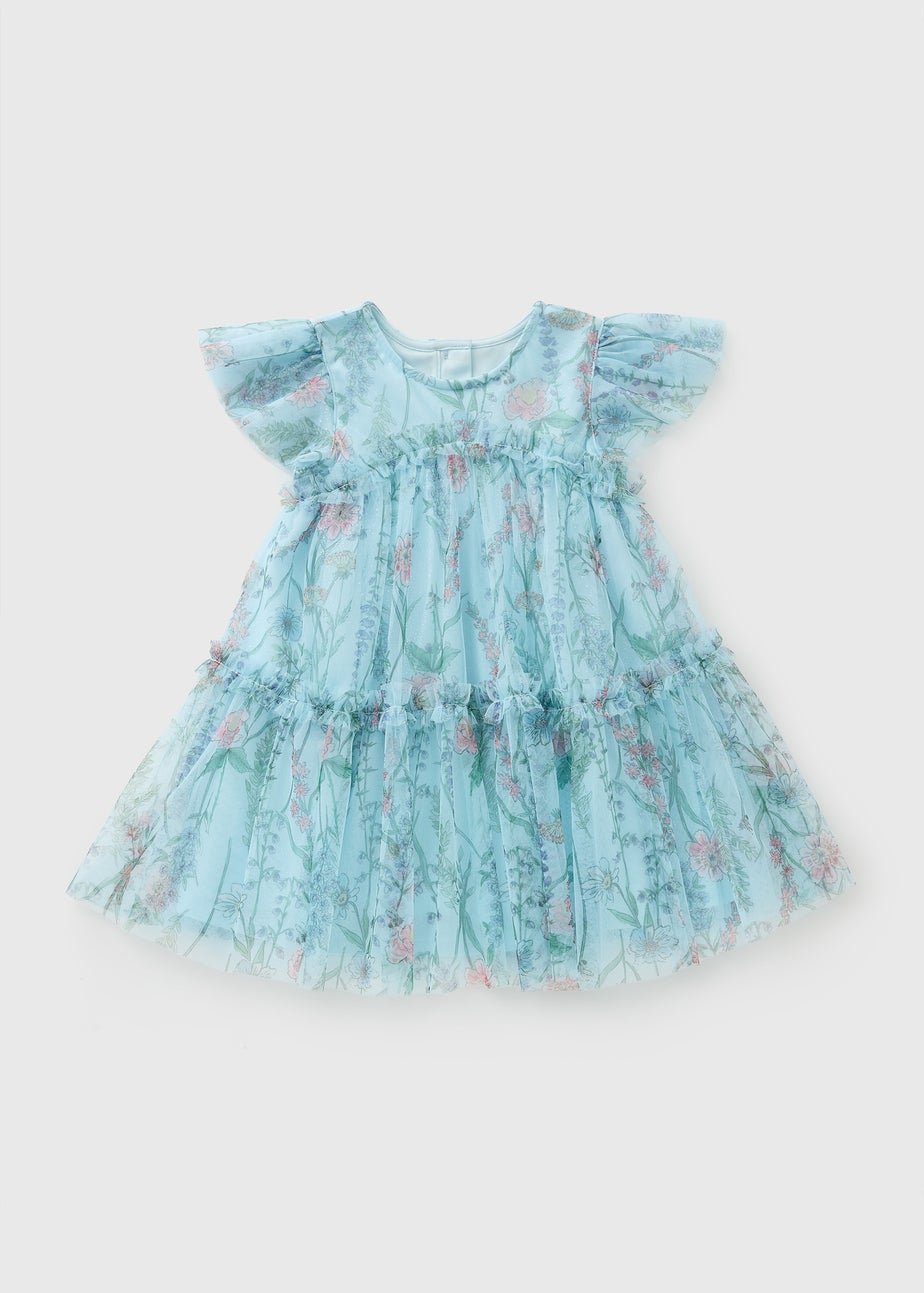 Girls Blue Floral Mesh Dress (1-7yrs)
