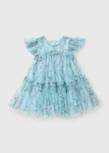 Girls Blue Floral Mesh Dress (1-7yrs)