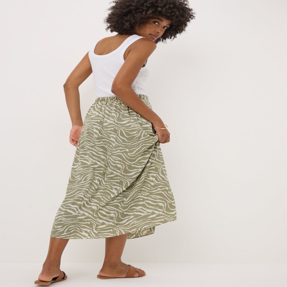 Sage Animal Print Flared Midi Skirt