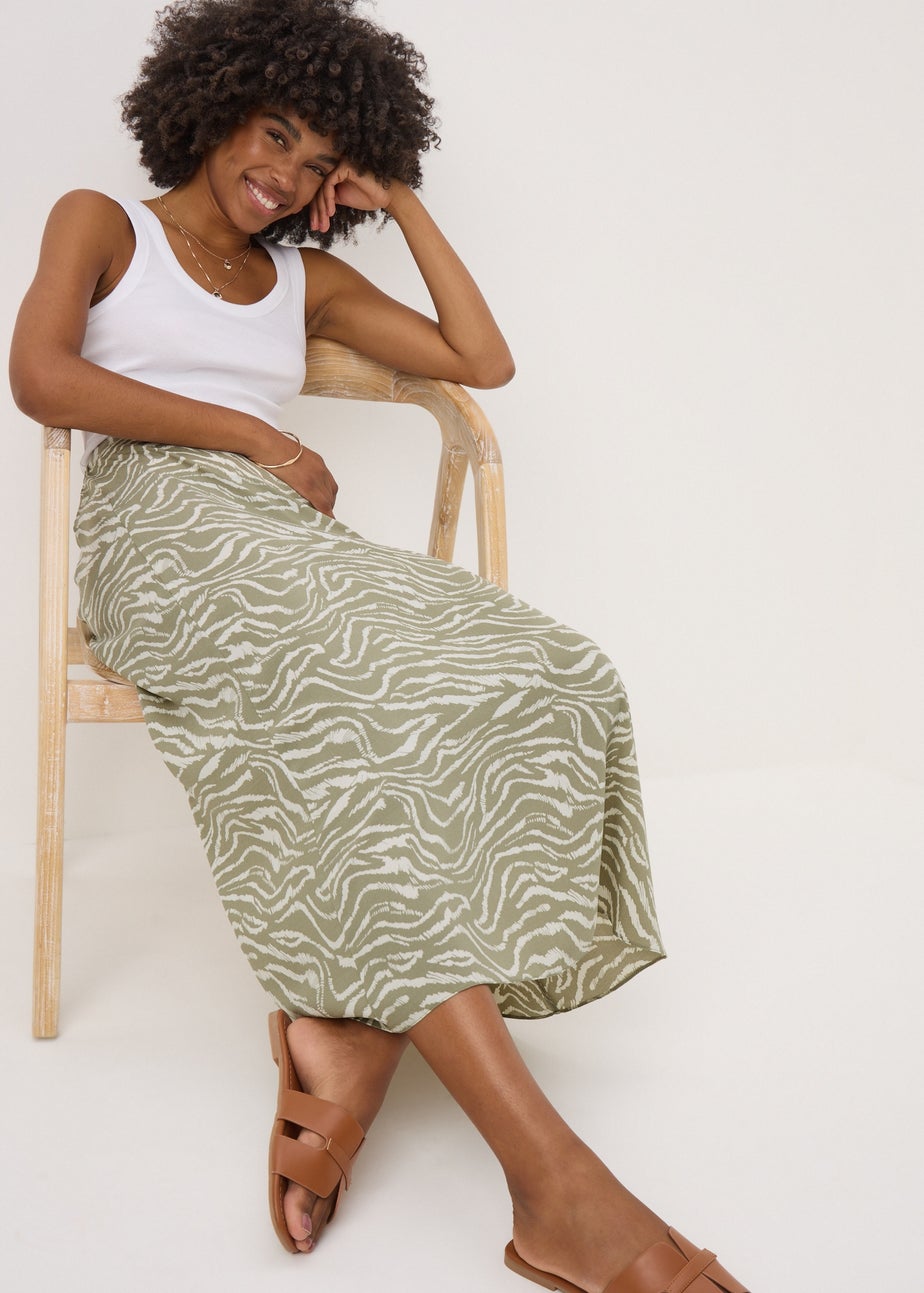 Sage Animal Print Flared Midi Skirt
