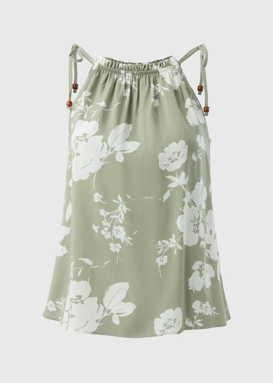 Sage Green Floral High Neck Tie Cami Top