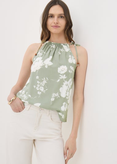 Sage Green Floral High Neck Tie Cami Top
