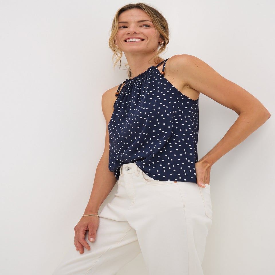 Navy Polka Dot High Neck Tie Cami Top