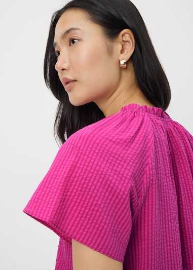 Pink Boho Tie Neck Short Sleeve Blouse