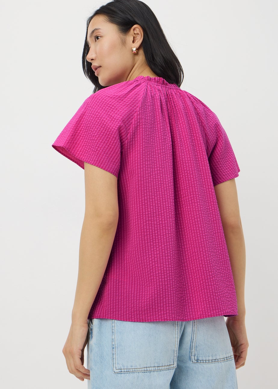 Pink Boho Tie Neck Short Sleeve Blouse