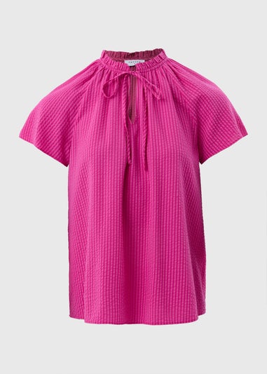 Pink Boho Tie Neck Short Sleeve Blouse