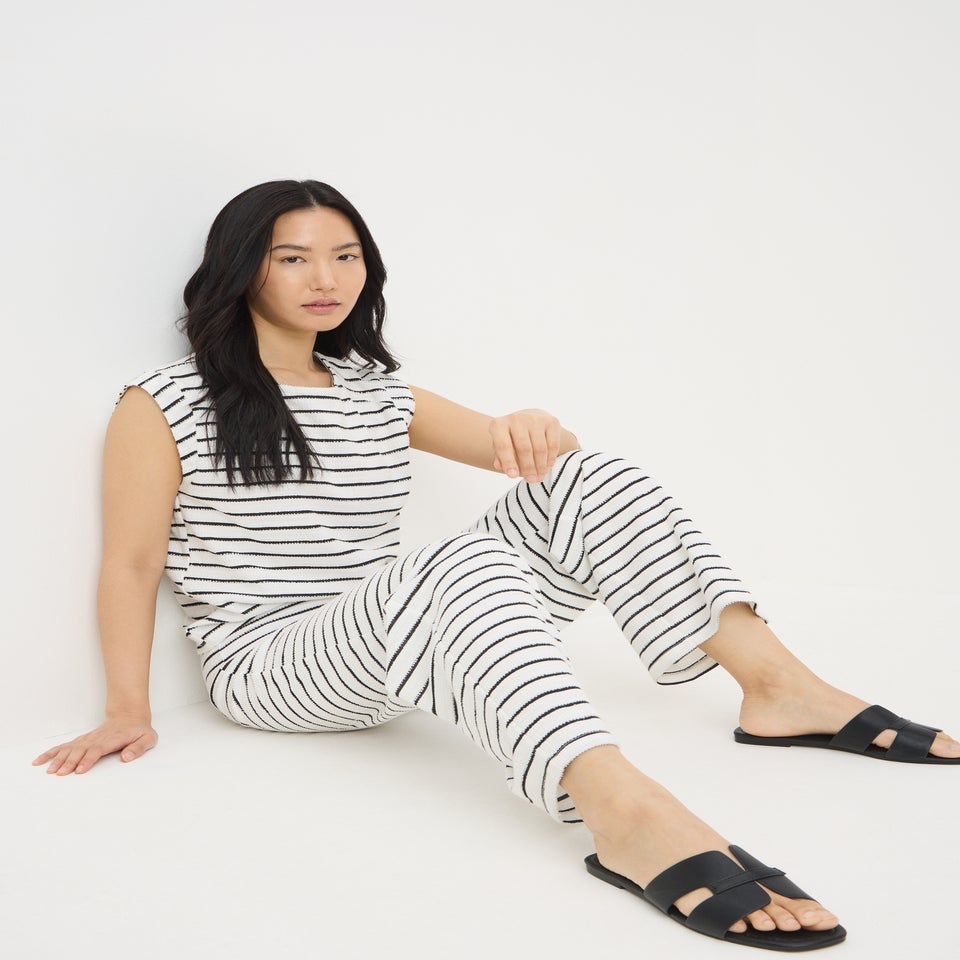 Black Monochrome Stripe Towelling Wide Leg Trousers