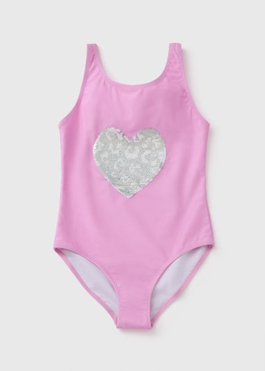 Girls Pink Heart Sequin Swimsuit (6-15yrs)