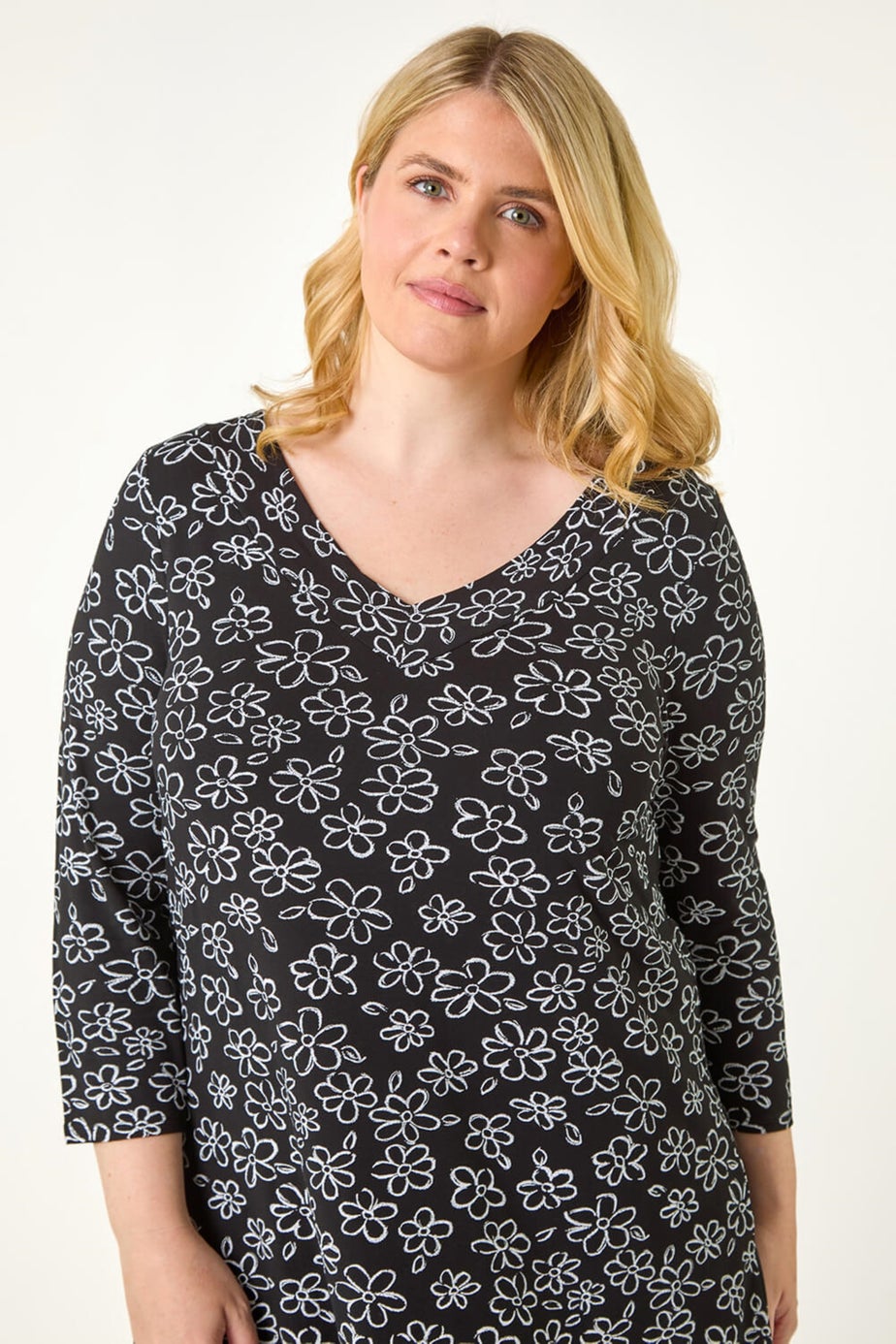 Roman Black Curve Floral Print V-Neck Tunic