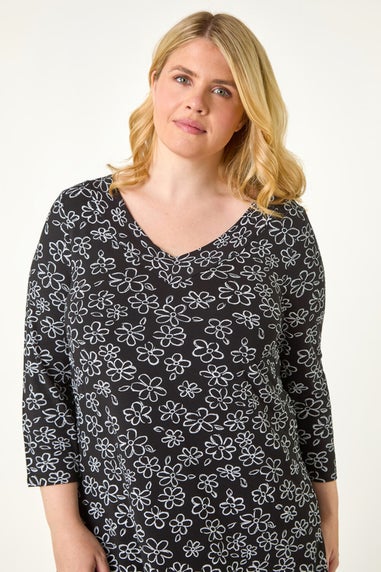 Roman Black Curve Floral Print V-Neck Tunic