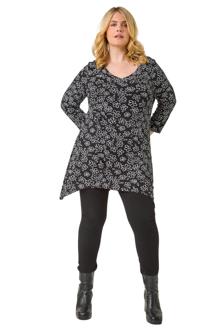 Roman Black Curve Floral Print V-Neck Tunic