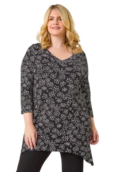 Roman Black Curve Floral Print V-Neck Tunic