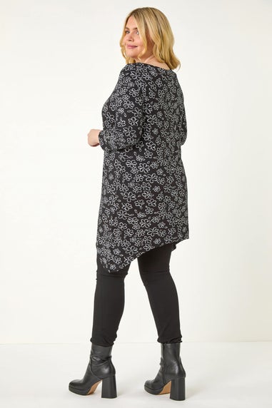 Roman Black Curve Floral Print V-Neck Tunic