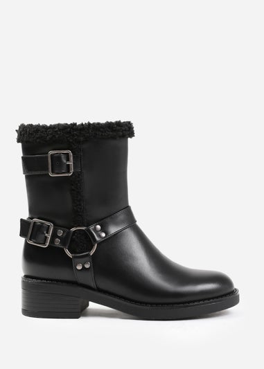 Where's That From Black Wynter Wide-Fit Buckle Detailing Ankle Boots