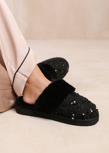 Where's That From Black Cozy Slip On Sequin Slippers