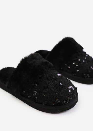 Where's That From Black Cozy Slip On Sequin Slippers