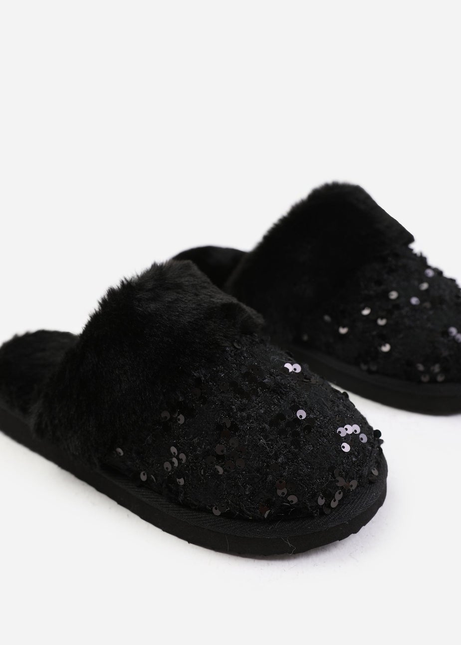 Where's That From Black Cozy Slip On Sequin Slippers