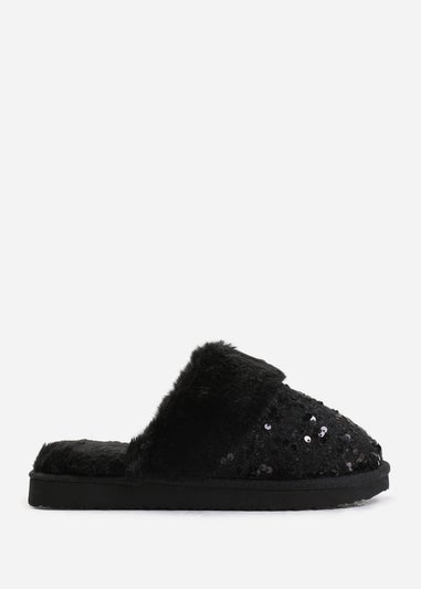 Where's That From Black Cozy Slip On Sequin Slippers