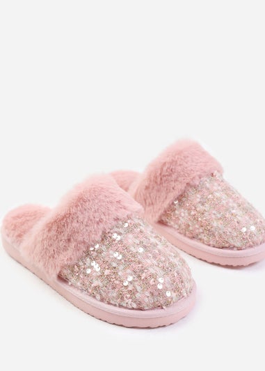 Where's That From Pink Cozy Slip On Sequin Slippers