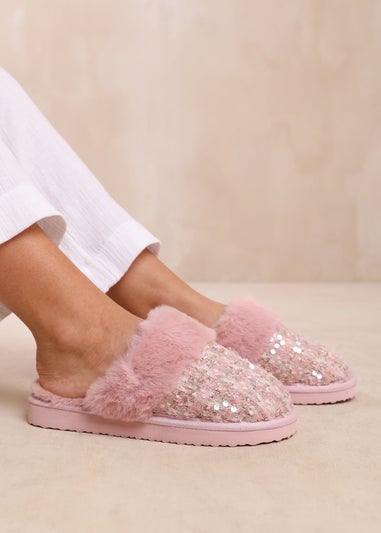 Where's That From Pink Cozy Slip On Sequin Slippers