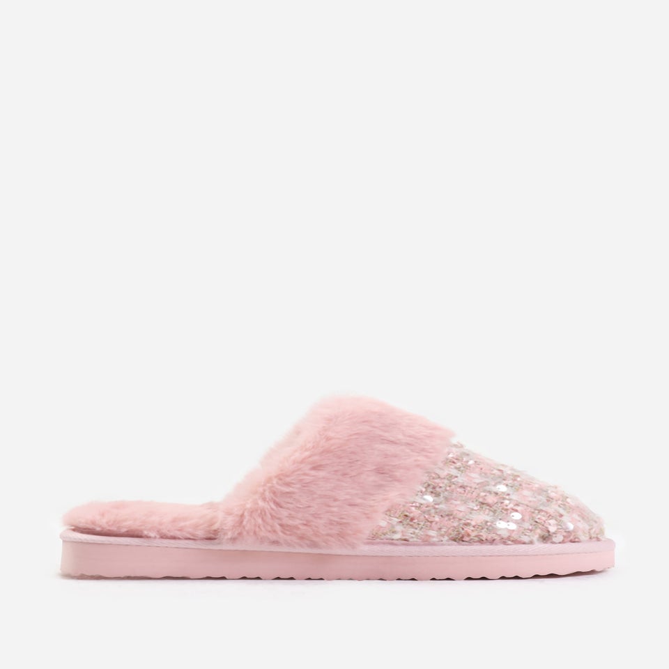Where's That From Pink Cozy Slip On Sequin Slippers