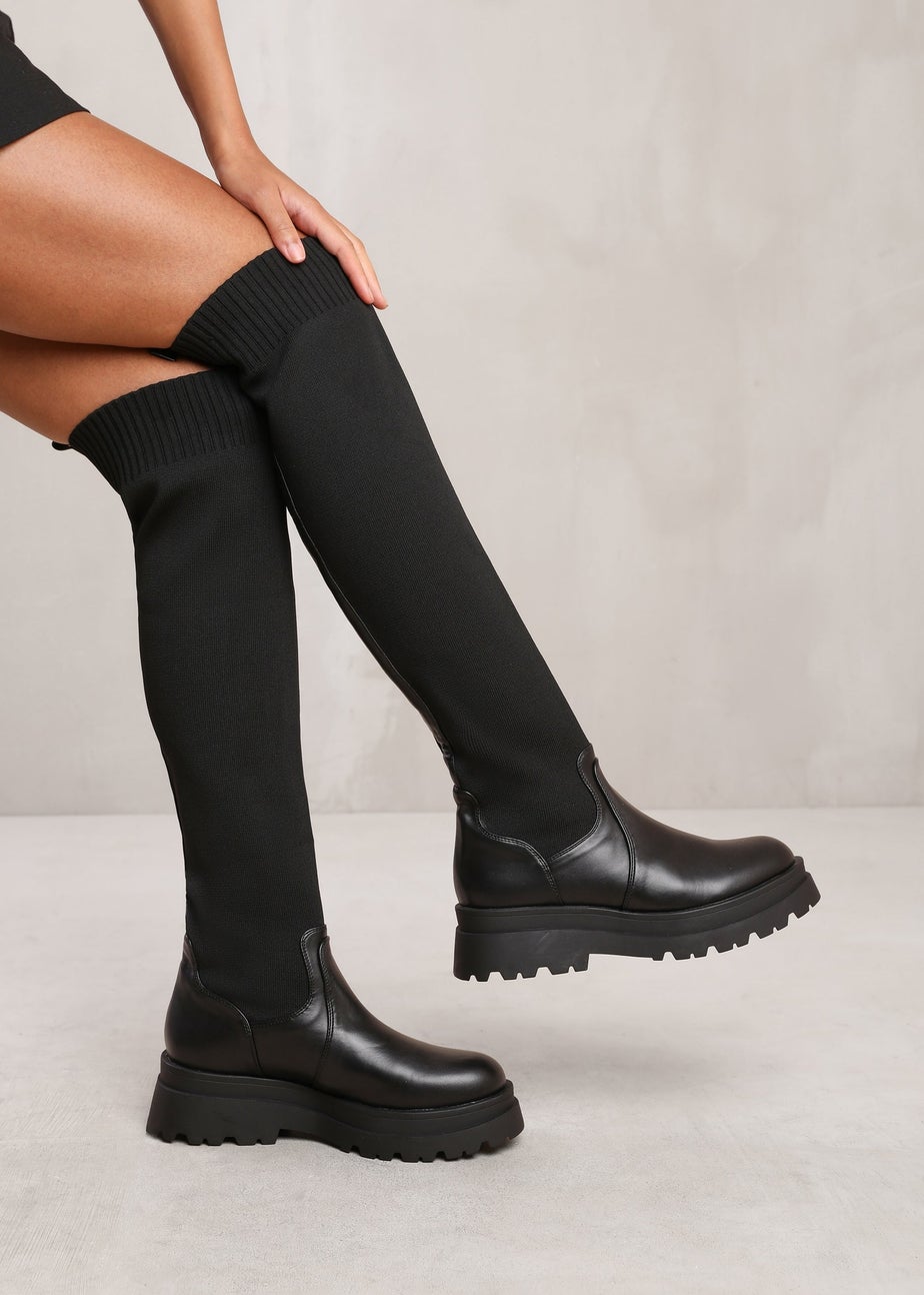 Where's That From Black Cleo Knee High Knitted Sock Boots