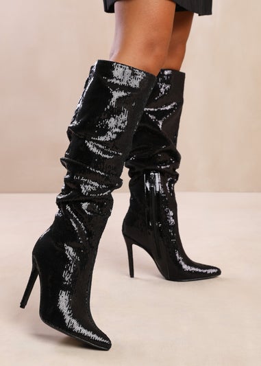 Where's That From Black Sparkle Below Knee Sequin Slouch Boots