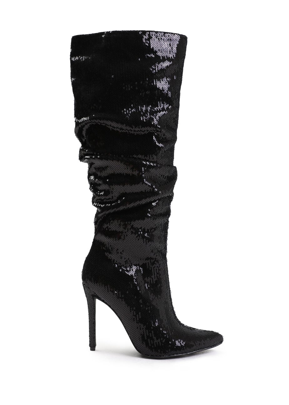 Where's That From Black Sparkle Below Knee Sequin Slouch Boots