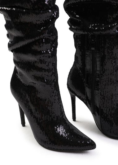 Where's That From Black Sparkle Below Knee Sequin Slouch Boots
