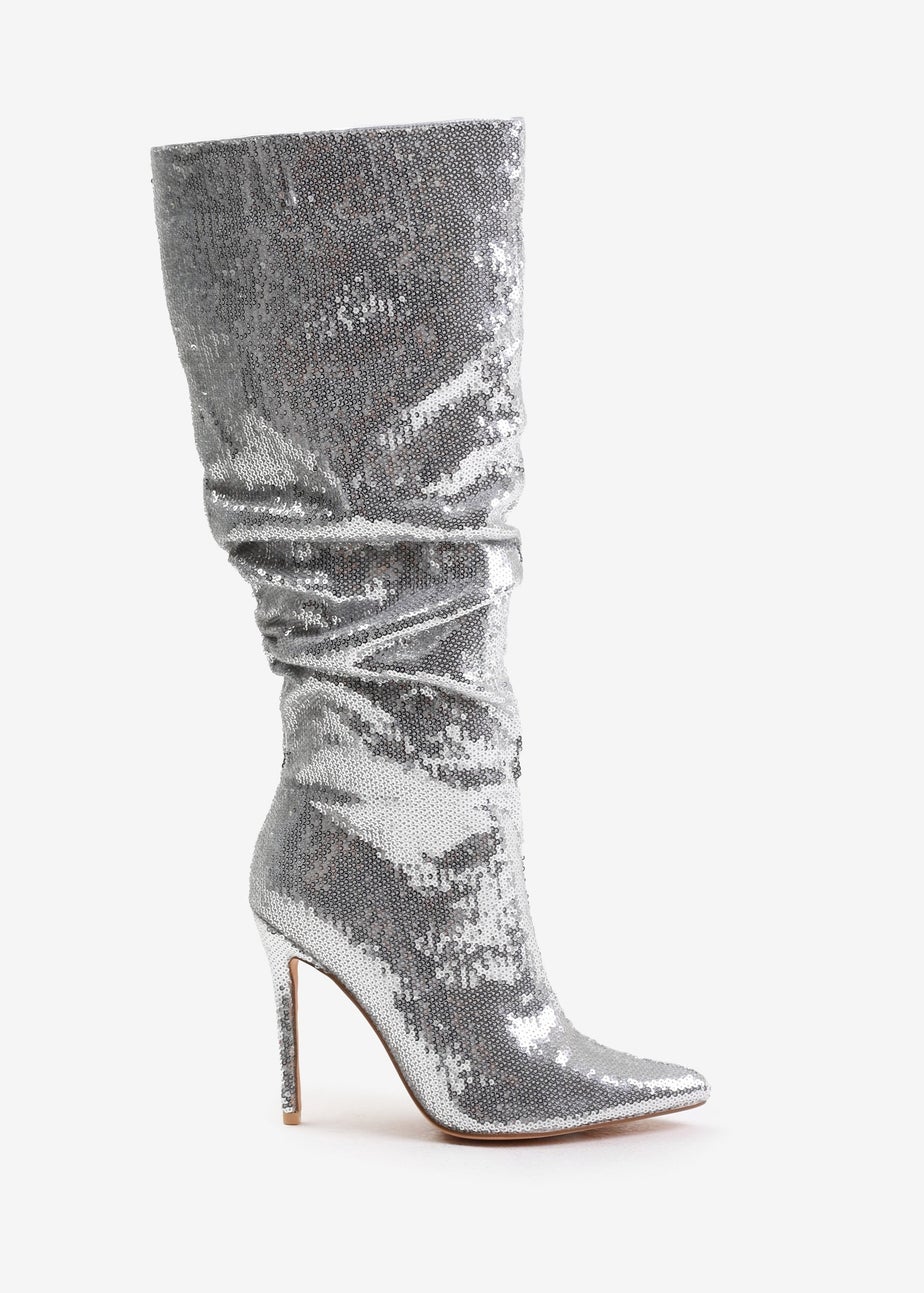Where's That From Silver Sparkle Below Knee Sequin Slouch Boots