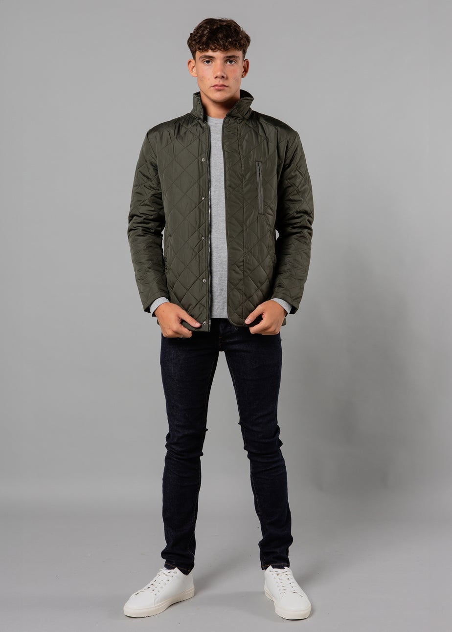 French Connection Khaki Funnel Neck Diamond Quilted Jacket