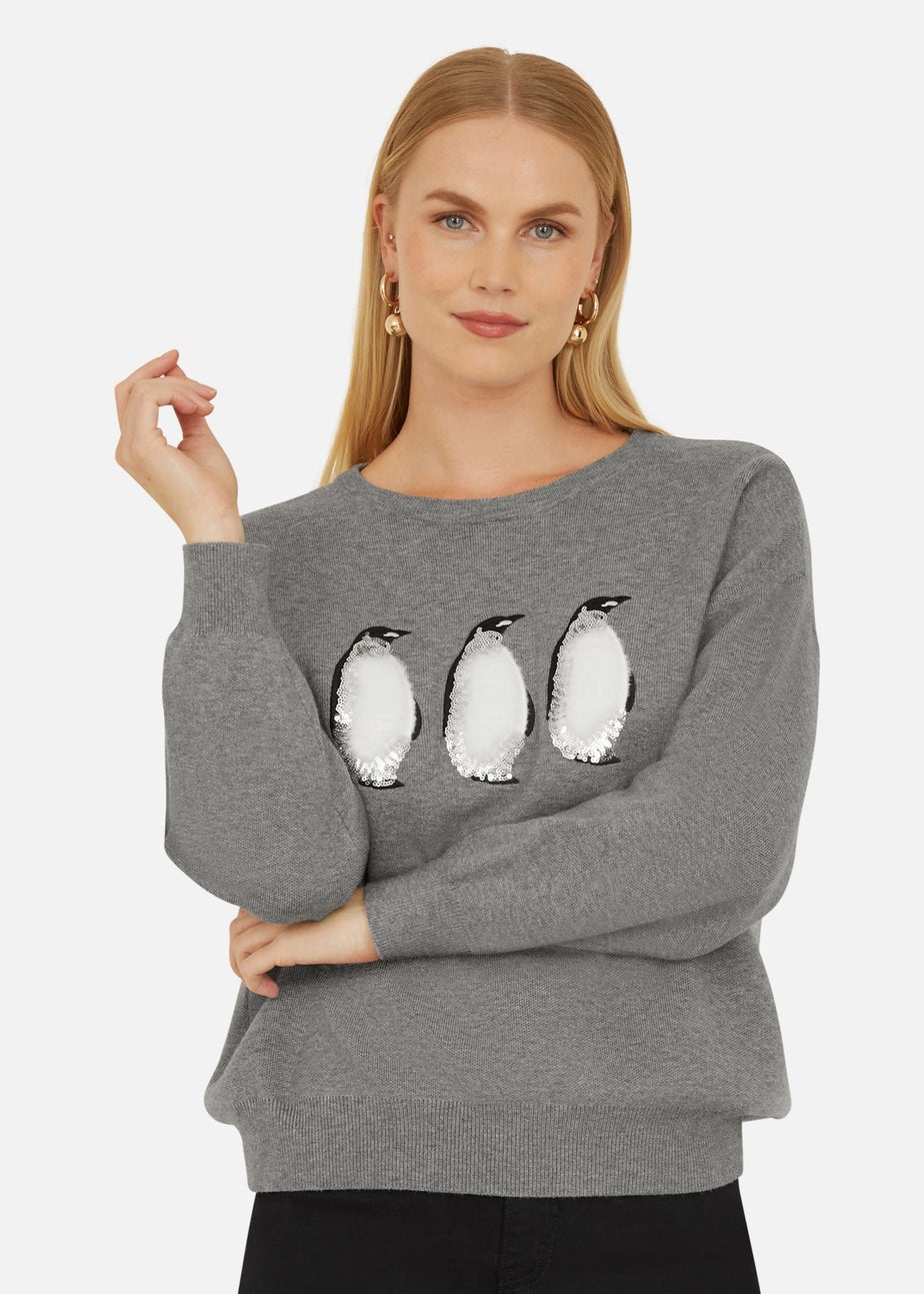 Yumi Grey Christmas Festive Penguin Knitted Jumper