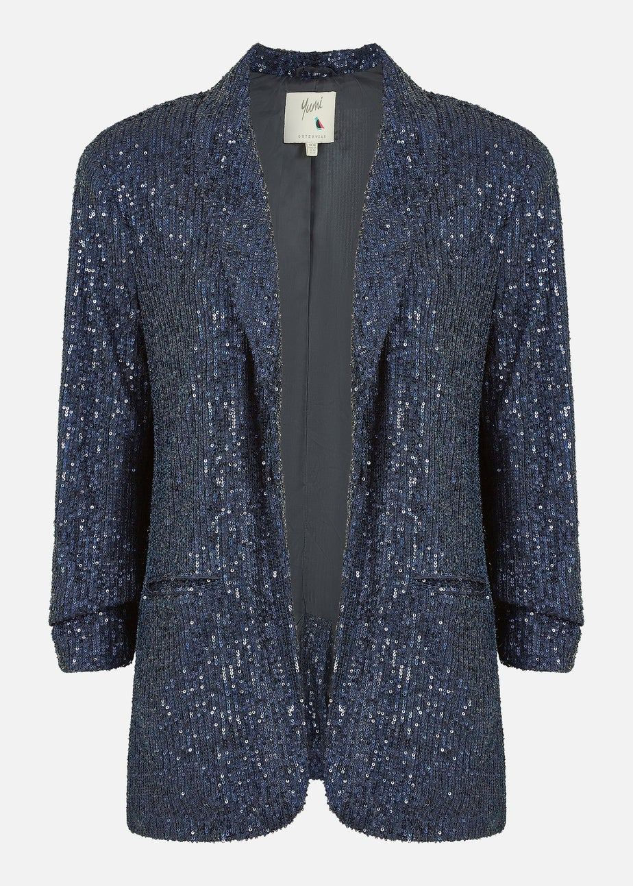 Yumi Navy Sequin Blazer With Pockets