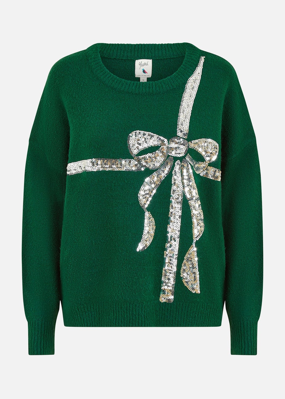Yumi Green Sequin Bow Knitted Jumper