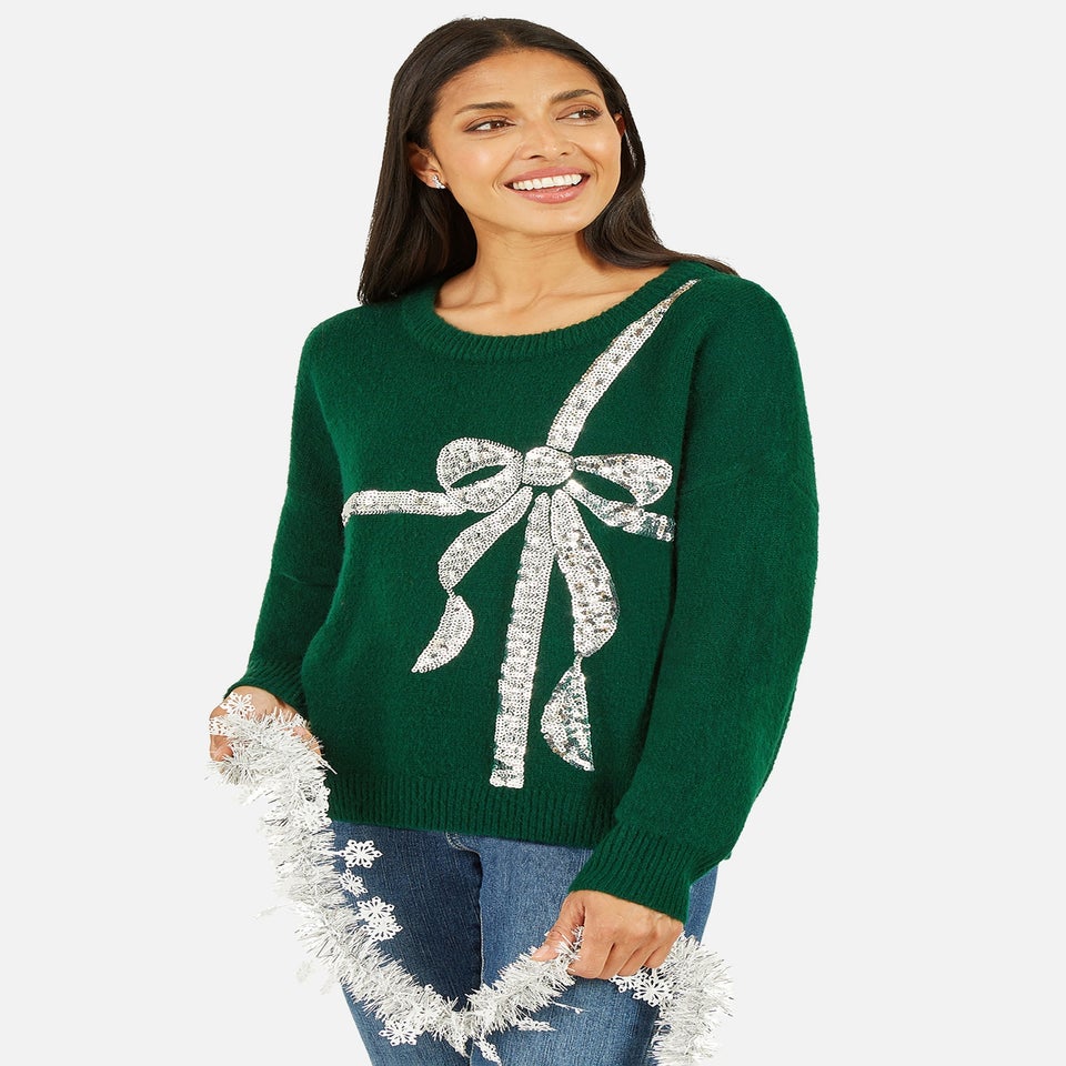 Yumi Green Sequin Bow Knitted Jumper