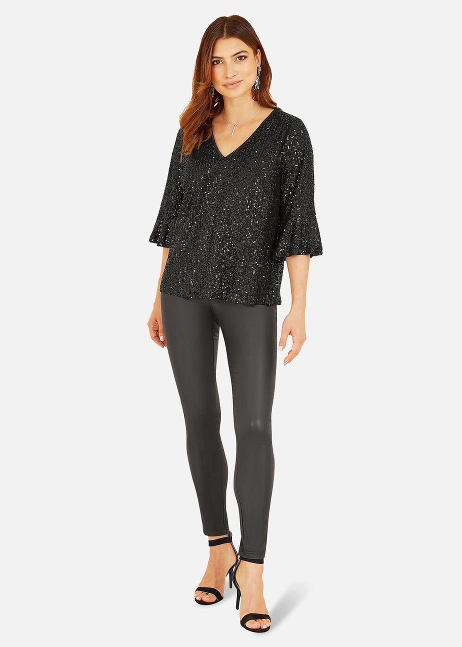 Yumi Black Sequin Top With Fluted Sleeve