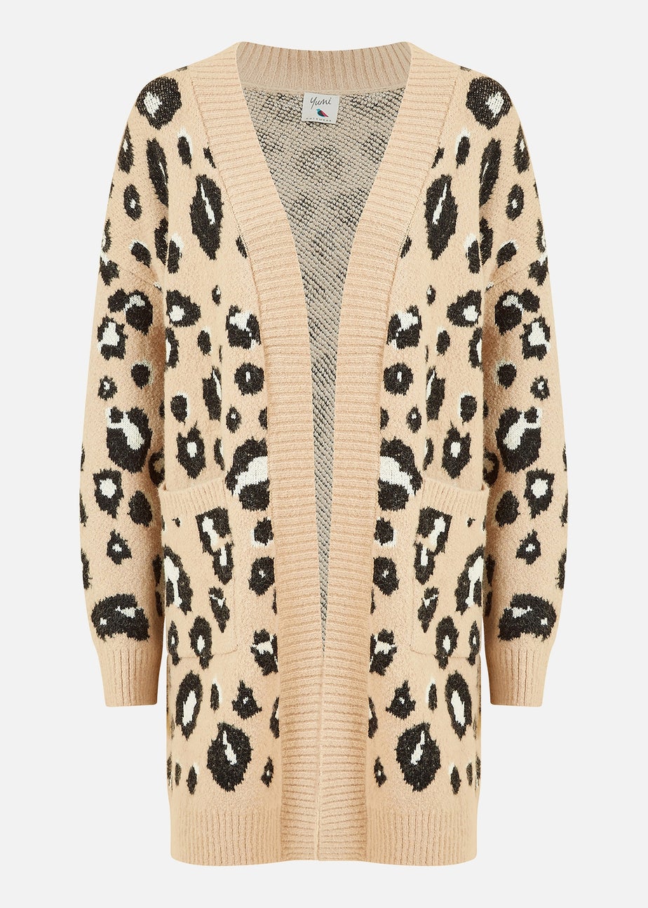 Yumi Beige Animal Print Intarsia Knit Long Cardigan