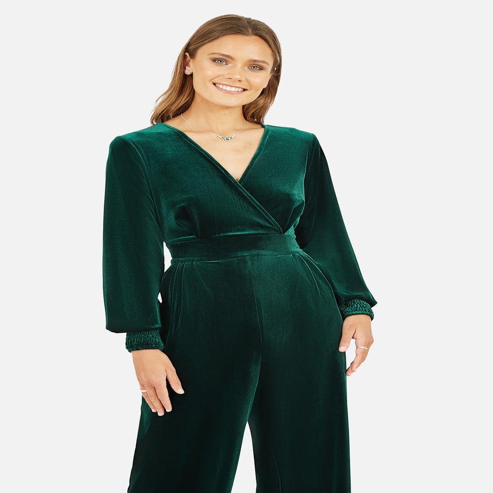 Yumi Green Velvet Long Sleeve Jumpsuit