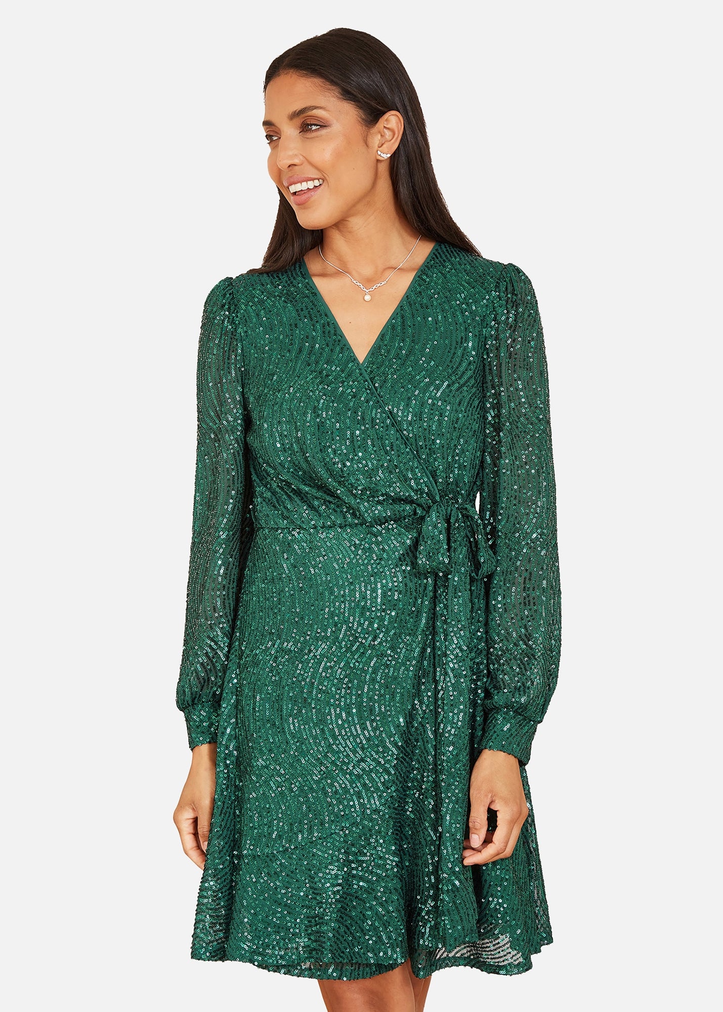 Yumi Green Sequin Long Sleeve Frill Wrap Dress - Matalan