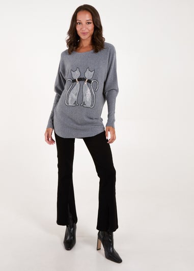 Blue Vanilla Grey Embellished Cat Jumper