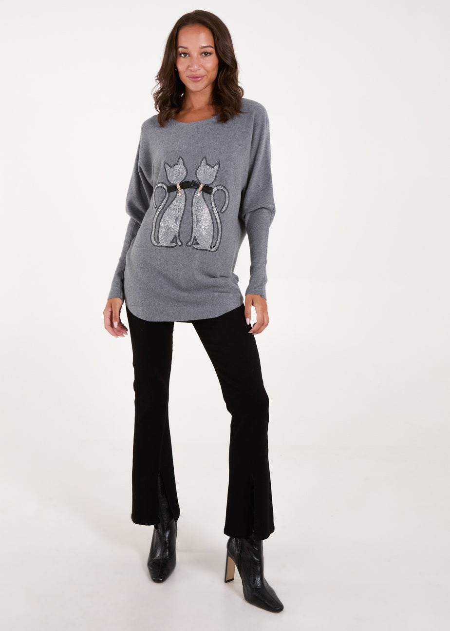 Blue Vanilla Grey Embellished Cat Jumper