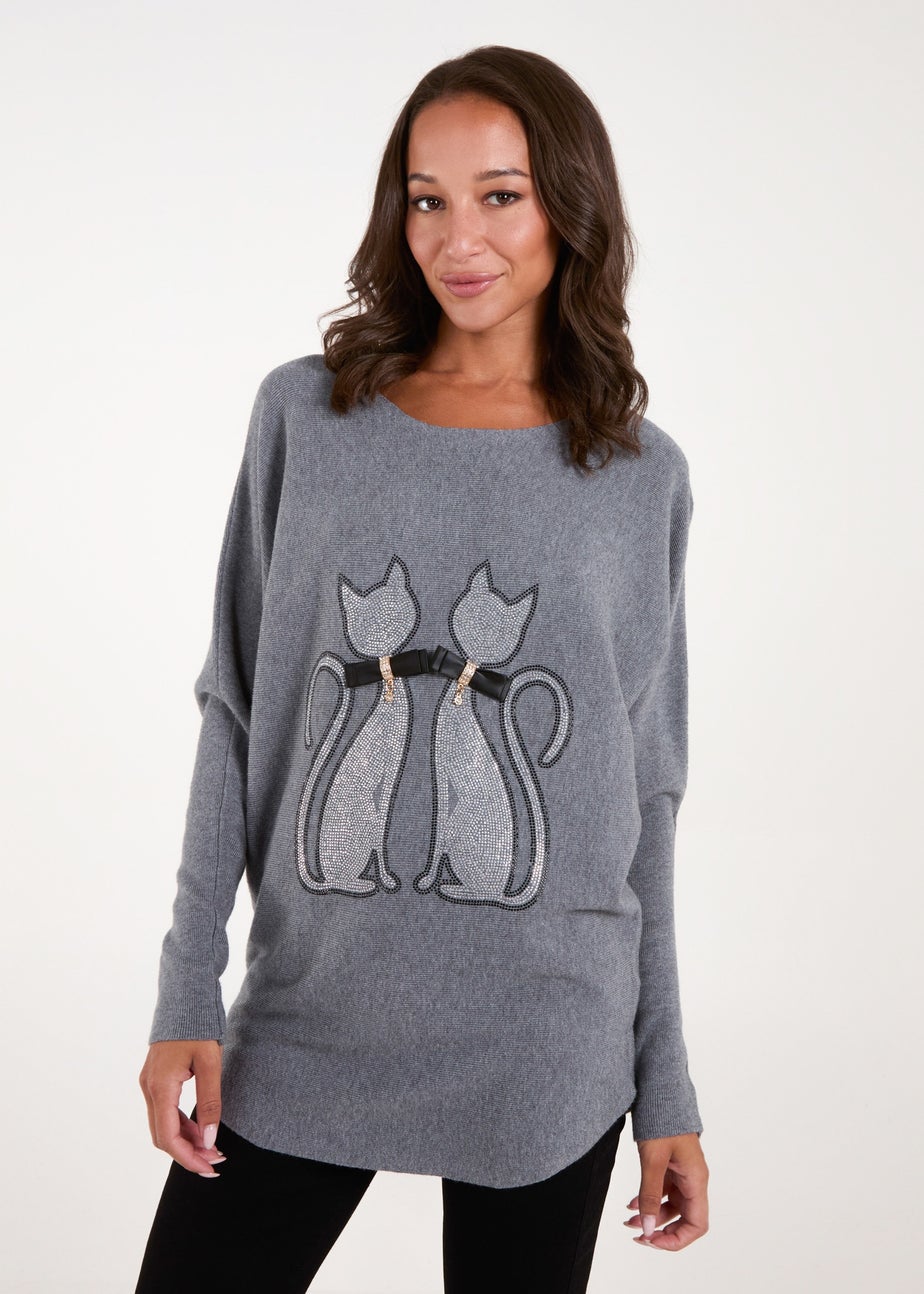 Blue Vanilla Grey Embellished Cat Jumper